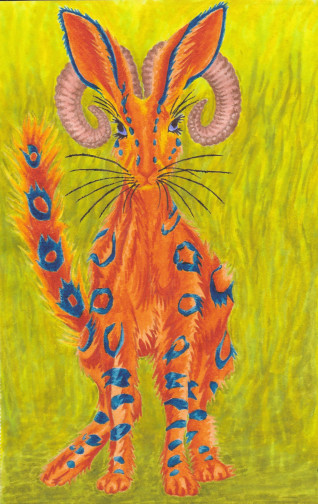 Imaginary mammal, orange with blue leopard spots, goat horns, hare body, in brush pen
